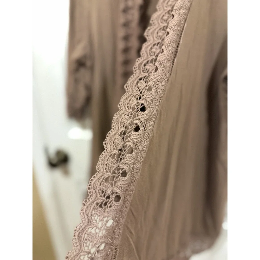 Fever Womens Mocha Brown Crochet Lace‎ Trim Open Front Cardigan 3/4 Sleeve Large